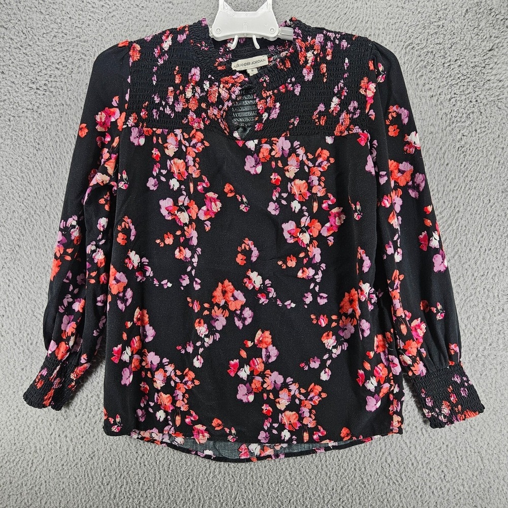 Alexander Jordan Womens Floral Smocked Split Neck Rayon Blouse Black Pink M